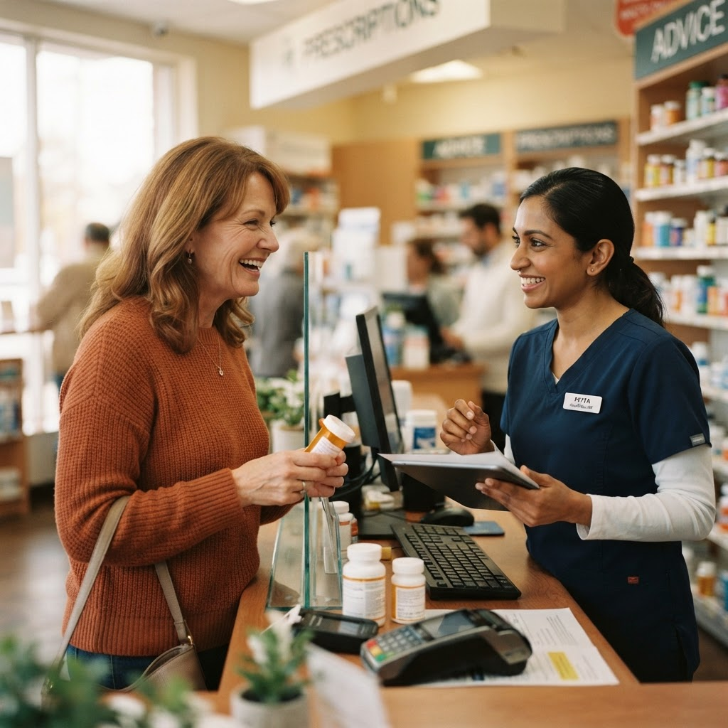 A patient smiling while speaking with a pharmacist across a pharmacy counter