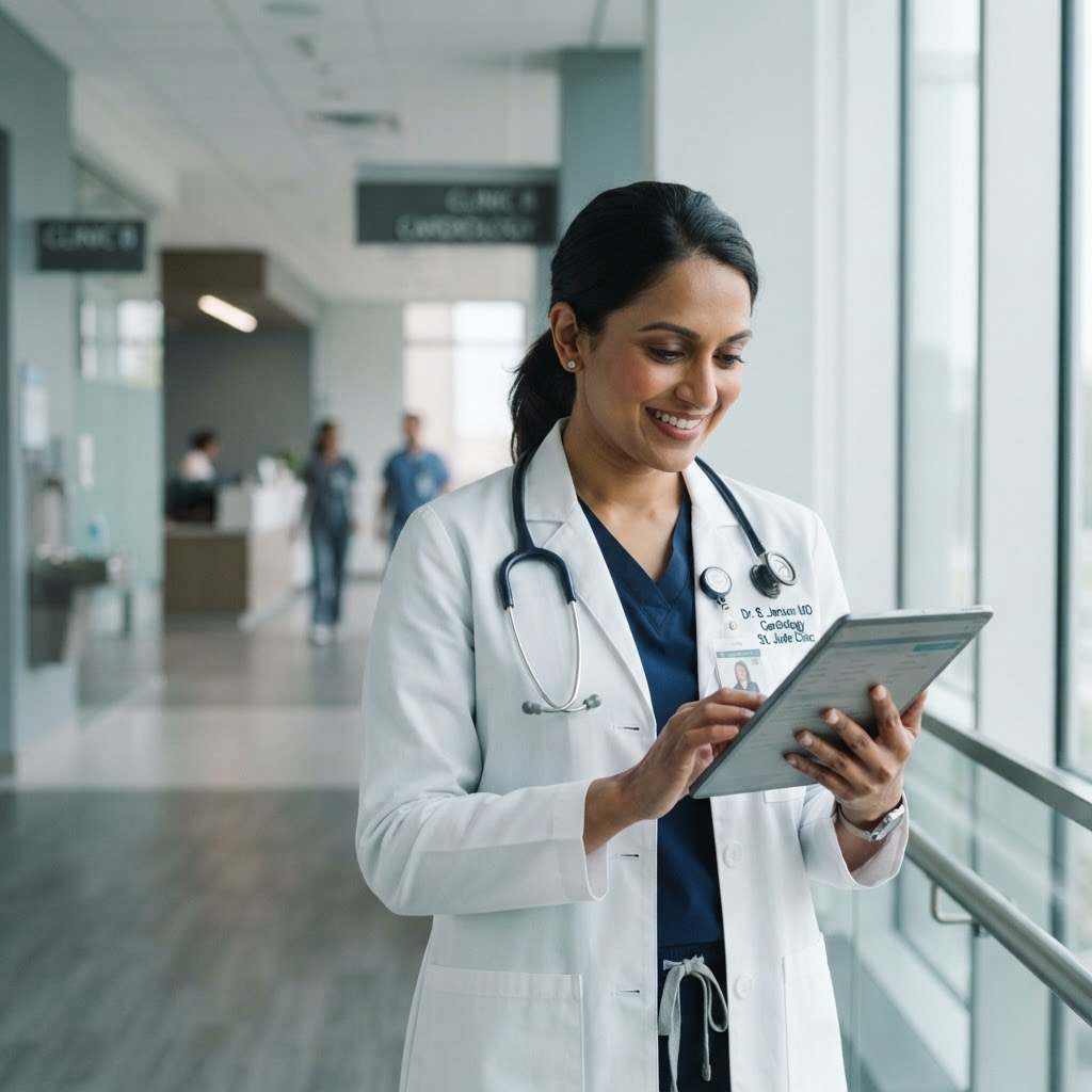A physician in a white coat reviewing patient notes on a tablet in a bright clinic