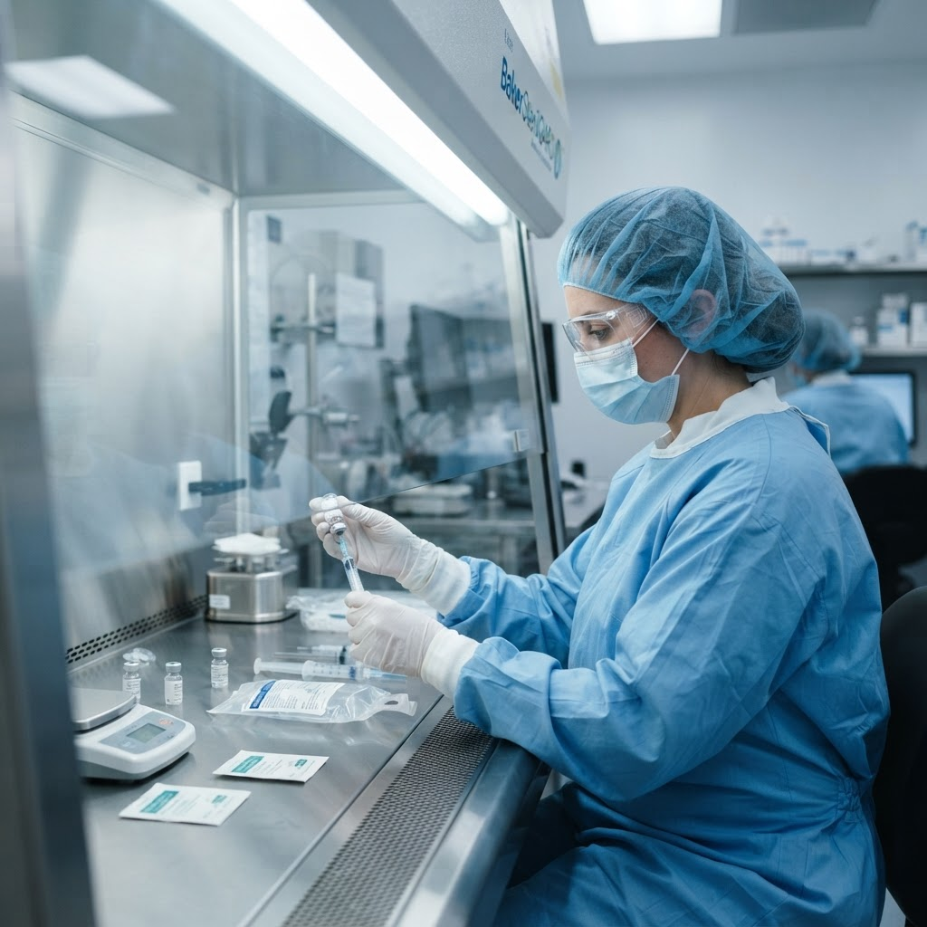 A technician in sterile cleanroom gear working inside a laminar flow hood