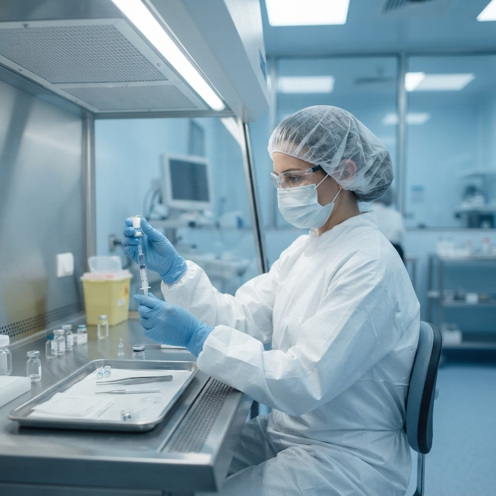 Gloved pharmacist drawing a compounded sterile preparation into a syringe inside a laminar flow hood
