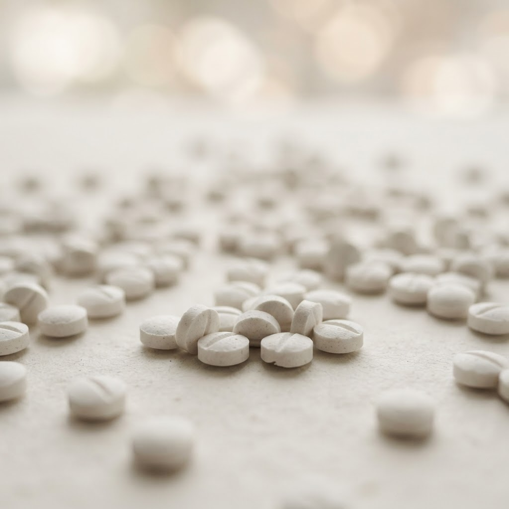 Soft focus image of compounded lozenge tablets scattered on a pale surface