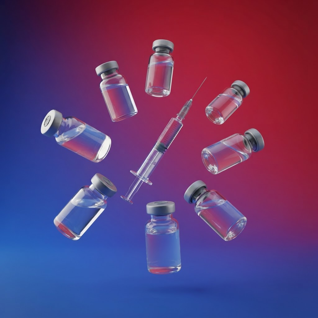 Glass injectable vials and a prefilled syringe floating against a blue and red gradient
