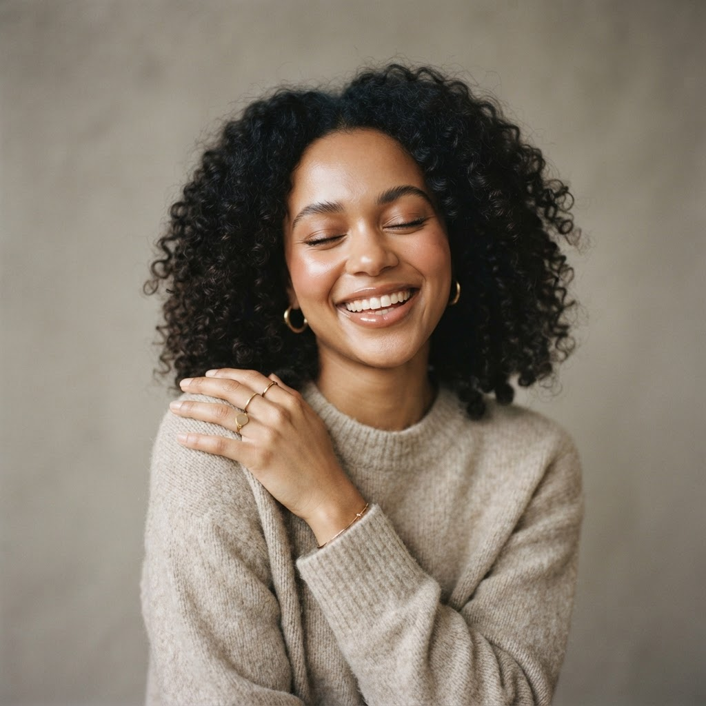 A smiling woman with curly hair resting a hand on her shoulder