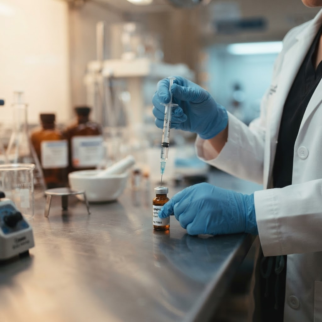 A pharmacist in gloves filling a small glass vial with a precision syringe