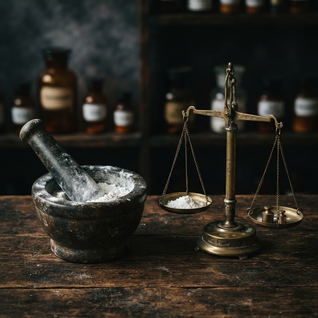 A mortar and pestle beside an antique brass apothecary scale