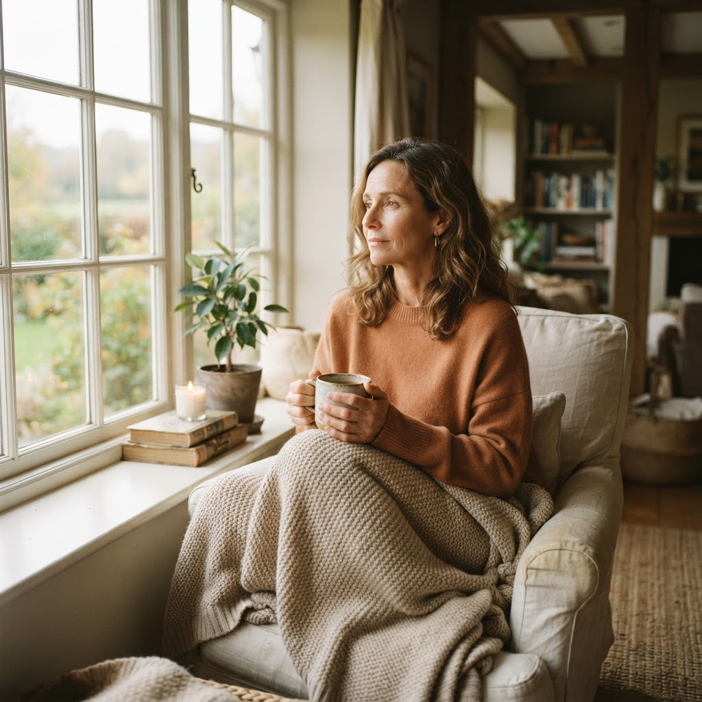 A woman sitting by a sunlit window holding a mug