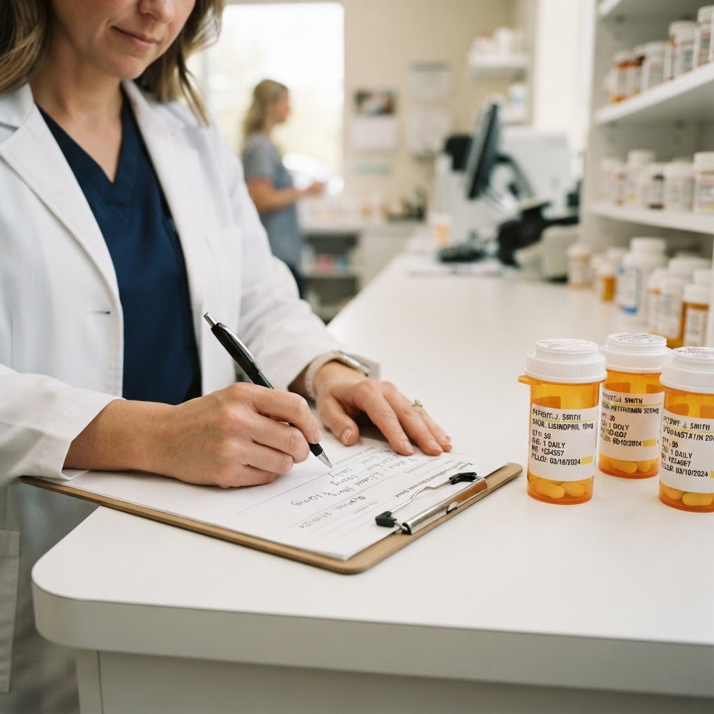A pharmacist writing notes on a clipboard beside amber bottles