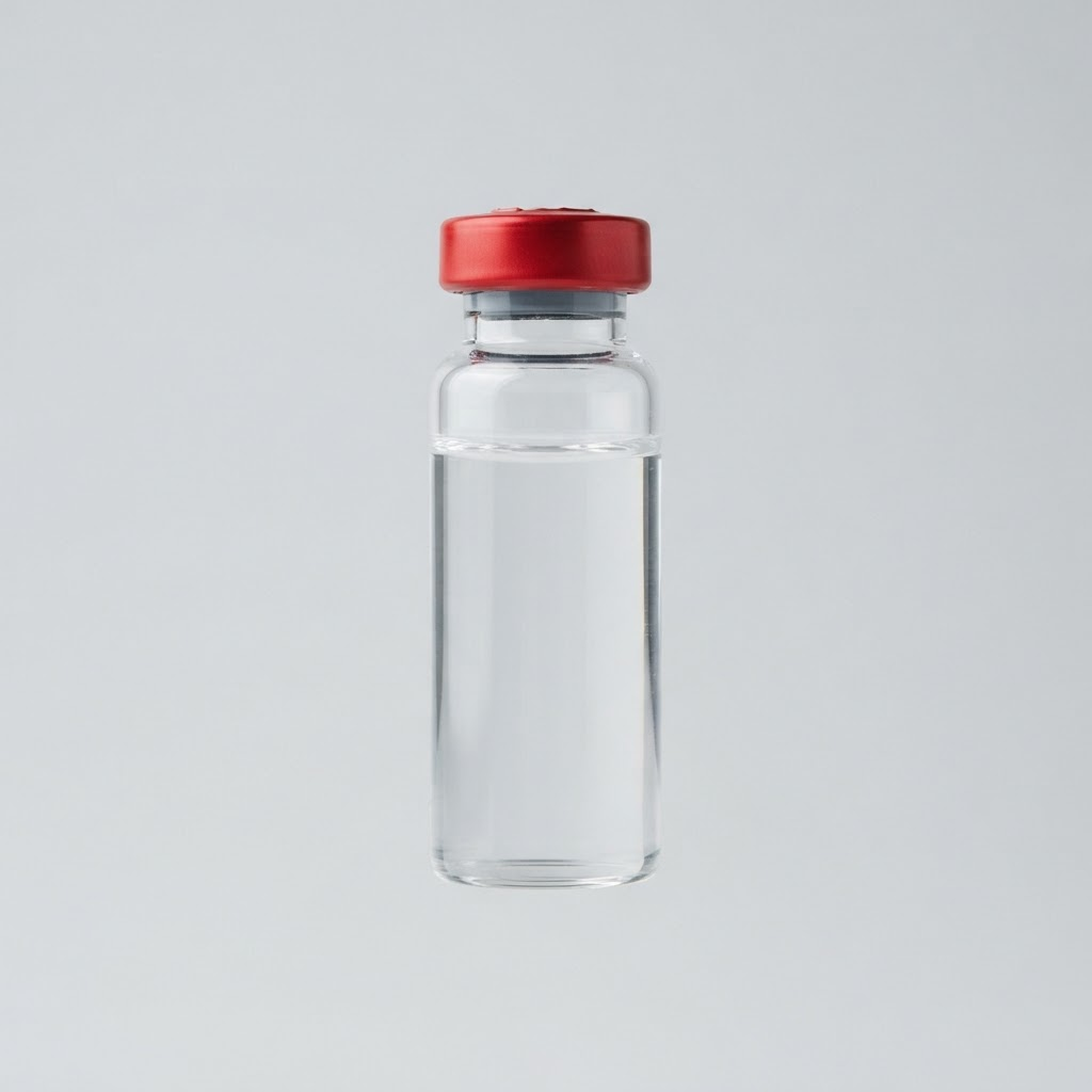 A tall clear glass multi dose injectable vial with a red crimp cap