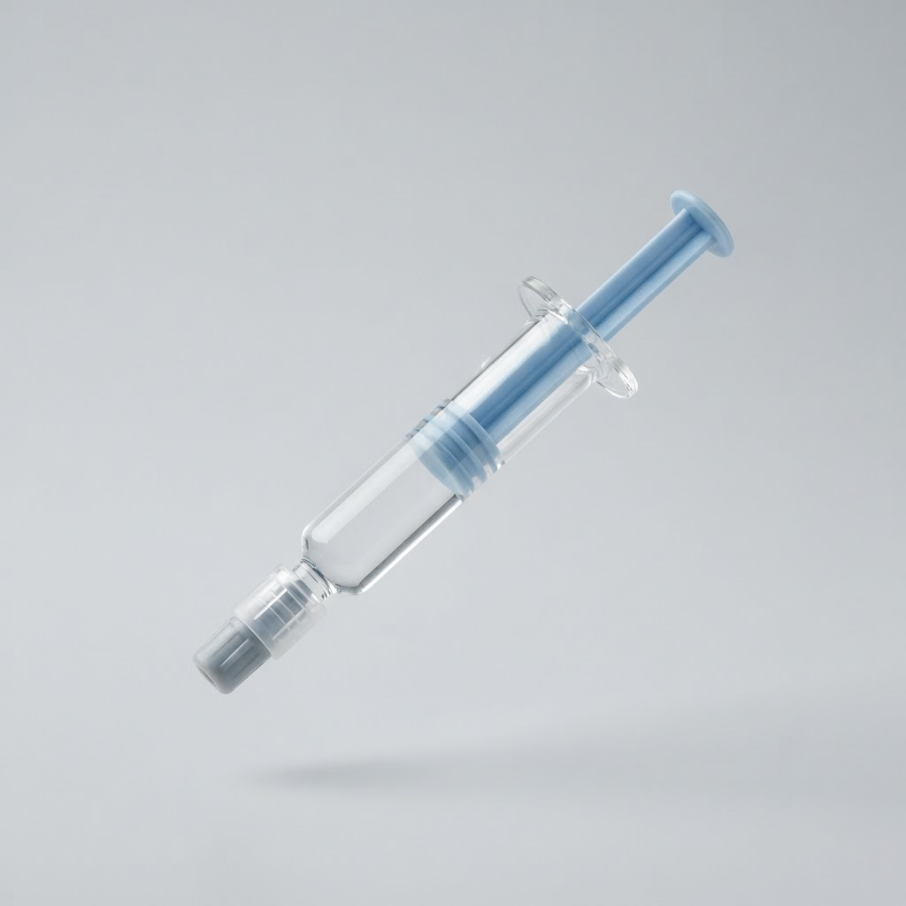A prefilled glass syringe with a blue plunger filled with clear liquid