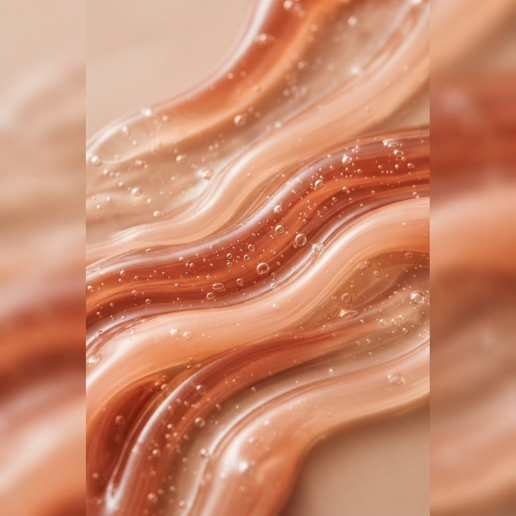Abstract macro image of glossy gel ribbons with fine air bubbles