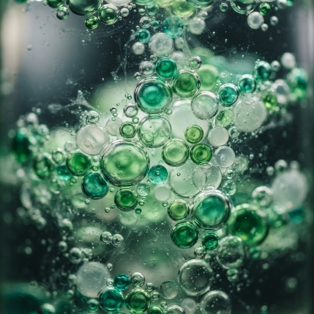 Abstract macro image of translucent green bubbles suspended in liquid
