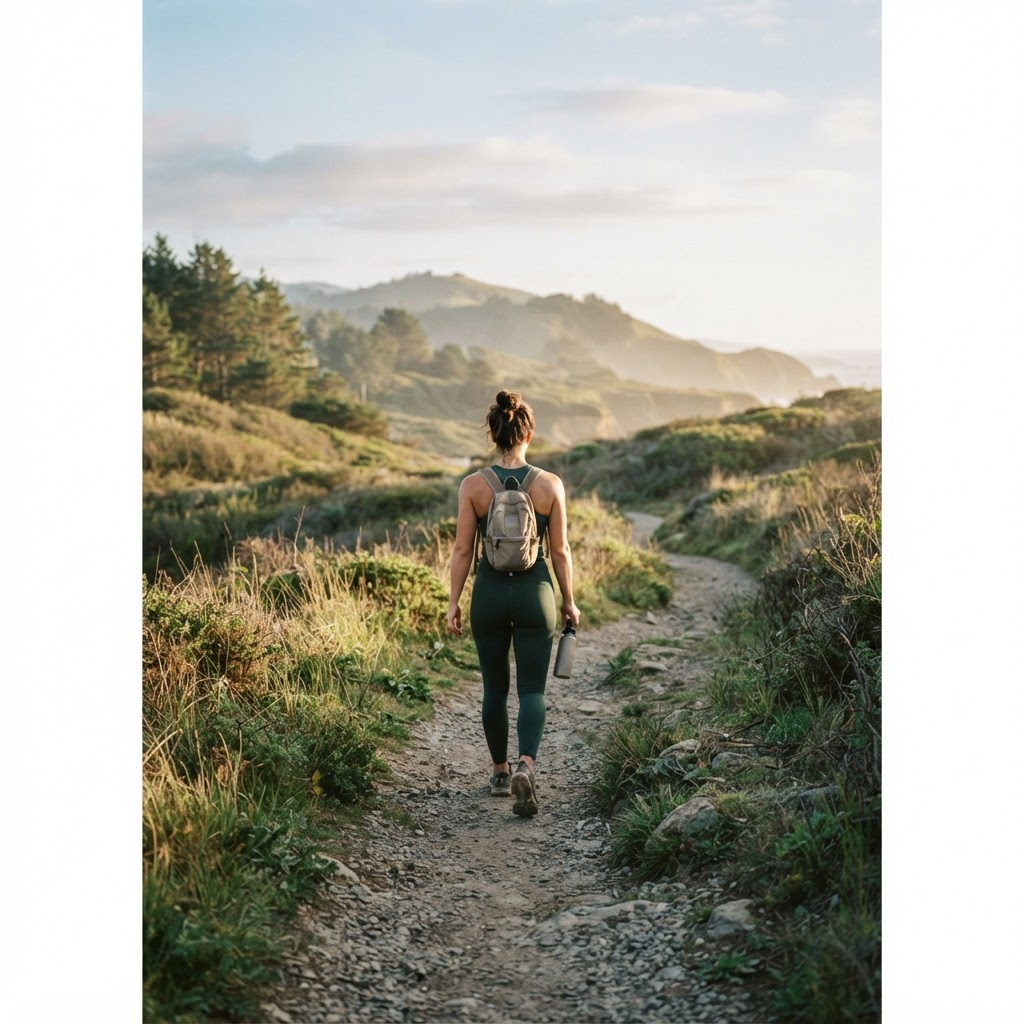 A woman in athletic wear walking outdoors on a sunlit path
