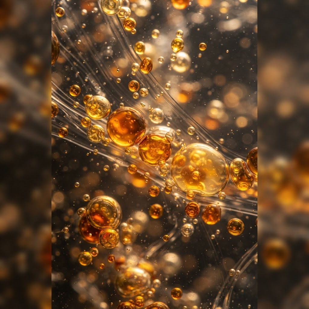 Abstract macro image of glowing amber droplets suspended in clear fluid