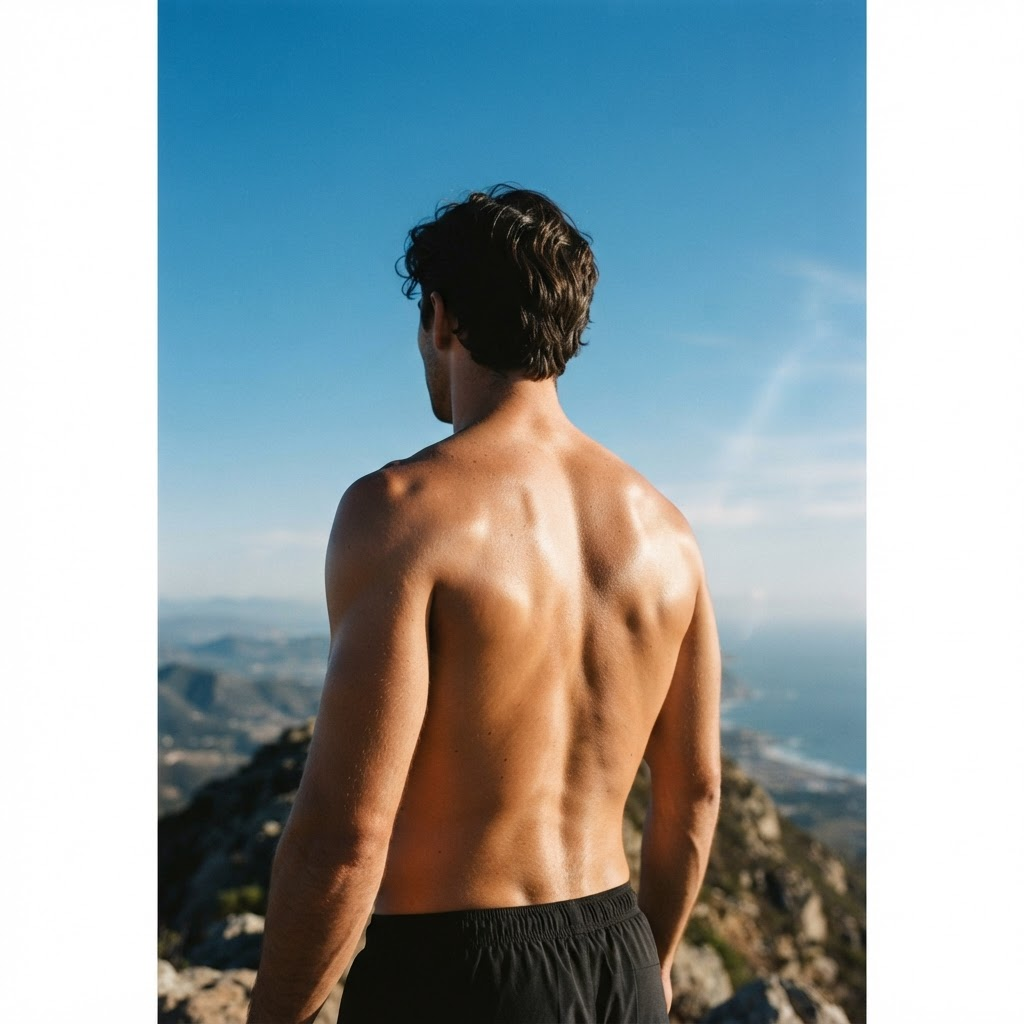 An athlete's shoulder and back against a clear blue sky