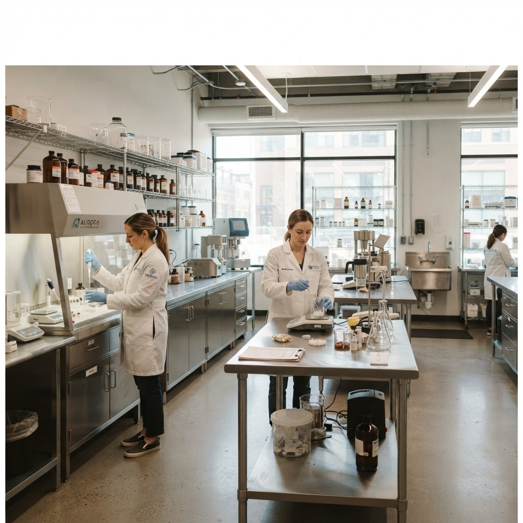 Interior of the Liberty compounding lab with stainless steel equipment and pharmacists at work